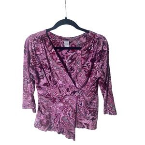 Vol.1 Blouse Size M Pink Purple Paisley Surplice V-Neck 3/4 Sleeve Top Vintage